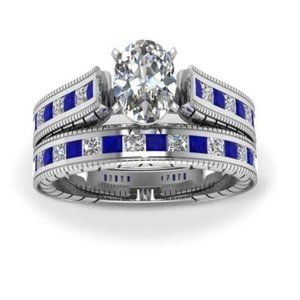 Platinum Plated CZ Sapphire Wedding Ring Set